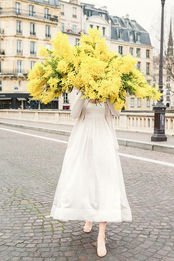 Late For Love is a photo of a girl in Paris in Ile St Louis with the biggest bunch of mimosa (wattles) and is part of a limited edition series named Young Girl in Bloom by photographer Carla Coulson celebrating women loving and believing in themselves and building their self esteem by trusting their intuition.